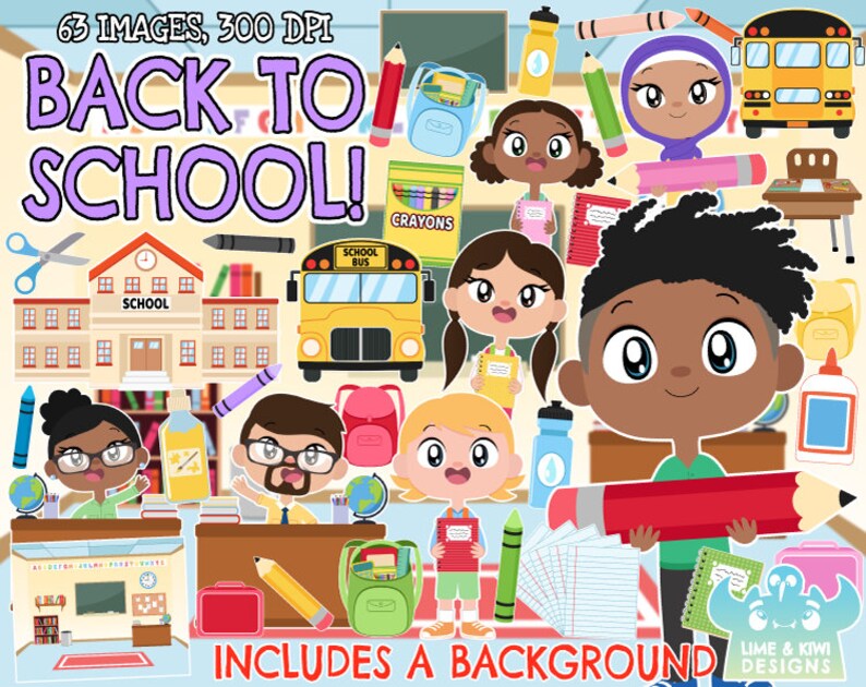 K&ouml;nnte beinhalten: Ein Set mit 63 Clipart-Bildern zum Thema Schulbeginn, darunter ein Schulbus, ein Schulgeb&auml;ude, ein Lehrer, Sch&uuml;ler, Rucks&auml;cke, Bleistifte, Buntstifte, Scheren und ein Klassenzimmer-Hintergrund. Die Bilder sind im Cartoon-Stil gehalten und zeigen diverse Charaktere.