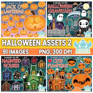 Halloween activa clipart bundel 2, zwart-wit, digitale postzegels, Halloween kerkhof, spookhuizen, Grim Reaper, Halloween silhouetten