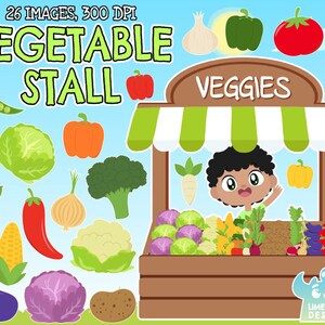 Vegetable Stall Clipart, Black and White, Digital Stamps, Broccoli, Eggplant, Carrot, Potato, Tomato, Pepper, Cabbage, Lettuce, Asparagus