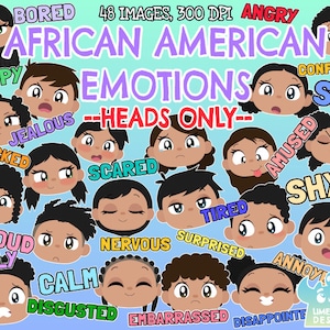 African American Kids Emotions - Faces Clipart, Black and White, Digital Stamps, Facial Expressions, Kids Faces, Happy, Sad, Angry, Silly