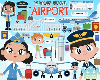 Airport clipart, Black and White, Digital Stamps, Pilot, Flight attendants, Flight host, Security guard, Airport marshaller, Luggage, Flying