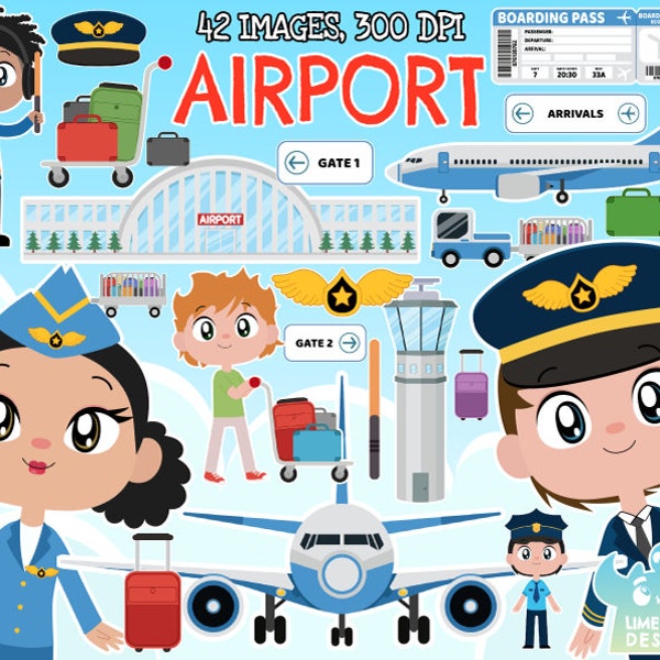 Airport clipart, Black and White, Digital Stamps, Pilot, Flight attendants, Flight host, Security guard, Airport marshaller, Luggage, Flying