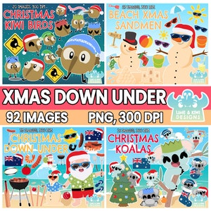 Christmas Down Under Clipart Bundle 1, schwarz weiß, digitale Briefmarken, australische Weihnachten, neuseeländische Weihnachten, surfender Weihnachtsmann, Kiwi