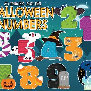Halloween nummers clipart, zwart-wit, digitale postzegels, commerciële illustraties, nummer clipart, spookhuis, skelet, vleermuis, grafsteen