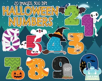 May include: Set of ten Halloween-themed numbers, each with a different spooky design. The numbers are 1, 2, 3, 4, 5, 6, 7, 8, 9, and 0.  The numbers are decorated with ghosts, bats, spiders, candy corn, and other Halloween imagery.