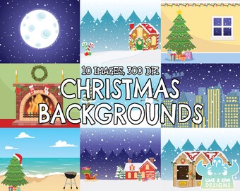 Christmas Backgrounds 1, Black and White, Digital Stamps, Commercial Use Clip Art, Sleigh, Santa, Snow, Present, Fireplace, Christmas Tree