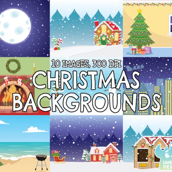 Christmas Backgrounds 1, Instant Download Art, Commercial Use Clip Art, Sleigh, Santa, Snow, Present, Fireplace, Christmas Tree