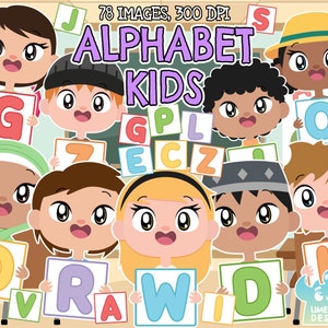 Alphabet Kids Clipart, Black and White, Digital Stamps, Learning Kids, School Kids, Letter Kids, English Language Caucasian kids