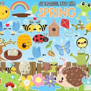 Spring clipart, Black and White, Digital Stamps, Bug, Insect, Flower, Seasonal, Puddle, Rain, Weather, Butterfly, Hedgehog, Daffodil, Tree