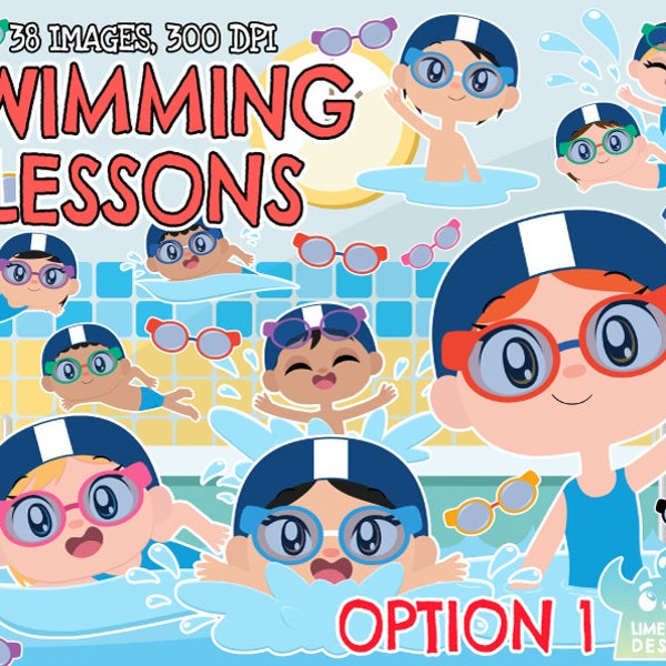 Schwimmkurs (Option 1) Clipart, sofortiger Download, Schwimmbad, Schwimmbrille, Brustschwimmen, Oberarm, Schulschwimmen, Schwimmen für Kinder
