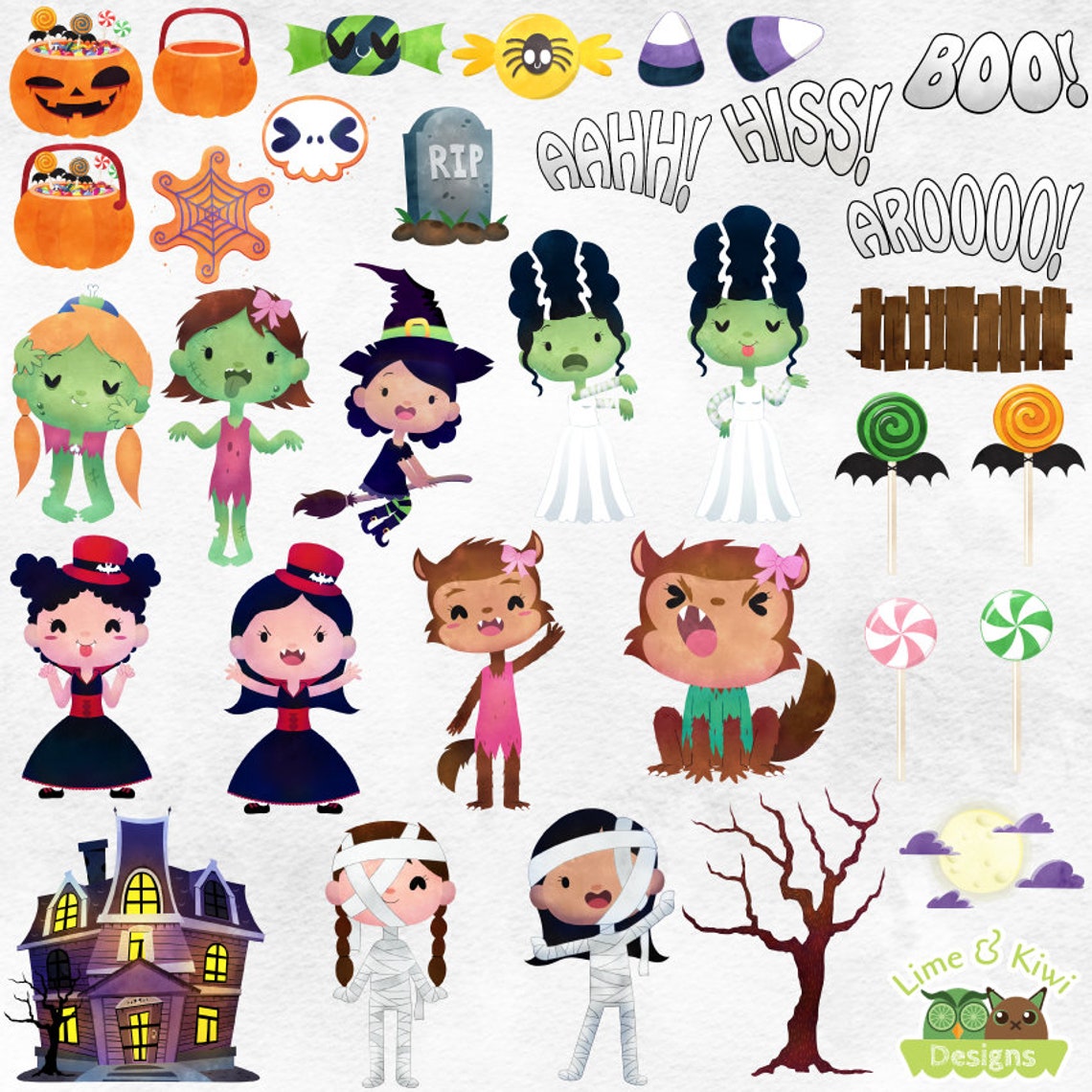 Halloween Trick Or Treaters Girls Watercolor Clipart Instant | Etsy