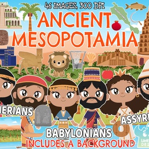 Puede incluir: Una ilustración colorida de la antigua Mesopotamia con 46 imágenes, incluyendo personas, animales, edificios y objetos. El texto "ANCIENT MESOPOTAMIA" está escrito en letras naranjas. La ilustración incluye un fondo.