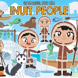 Inuit People Clipart, Black and White, Digital Stamps, Igloo, Artic animals, Huskie, Seal, Walrus, Fish, Polar bear, Ice hole, Canoe, Spear