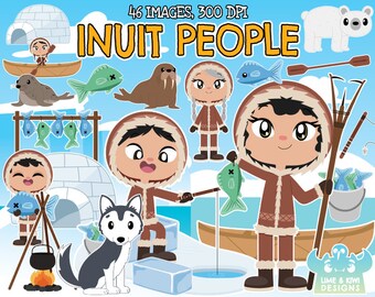 Inuit People Clipart, Black and White, Digital Stamps, Igloo, Artic animals, Huskie, Seal, Walrus, Fish, Polar bear, Ice hole, Canoe, Spear