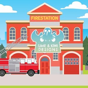 May include: A red fire truck with a ladder is parked in front of a red brick fire station. The fire station has a sign that says "FIRESTATION" and a logo that says "LIME & KIWI DESIGNS".