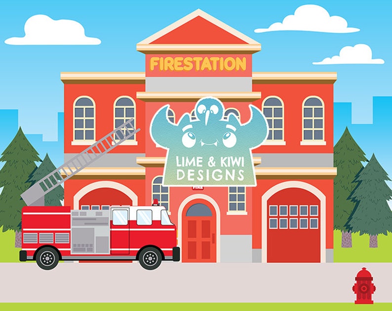 May include: A red fire truck with a ladder is parked in front of a red brick fire station. The fire station has a sign that says "FIRESTATION" and a logo that says "LIME & KIWI DESIGNS".