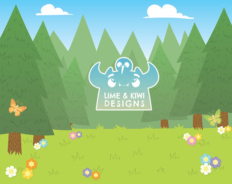 Puede incluir: Una ilustraci&oacute;n de dibujos animados de un monstruo azul con una corona, con el texto "Lime & Kiwi Designs" debajo. El monstruo est&aacute; frente a un bosque verde con mariposas y flores.