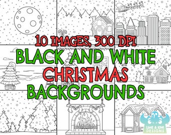 Black and White Christmas Backgrounds, Instant Download Vector Art, Commercial Use Clip Art, Sleigh, Santa, Present Fireplace Christmas Tree