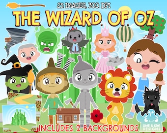 The Wizard of Oz Clipart, Instant Download, Fantasy, Dorothy Gales, Wicked Witch, Yellow Brick Road, Emerald City, Backgrounds, Lion, Tinman