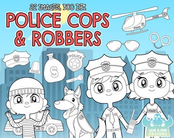 Police Cops and Robbers Digital Stamps, Instant Download, Policeman, Police car, Helicopter, Baton, Handcuffs, Money bag, Siren light