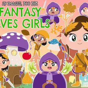May include: A digital illustration featuring multiple fantasy elf girls with bows, swords, and capes. The image includes mushrooms, leaves, and the text "FANTASY ELVES GIRLS". The color palette includes purple, yellow, and green.