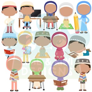 May include: A set of 12 colorful cartoon illustrations of children wearing traditional Islamic clothing. The children are engaged in various activities, such as reading, studying, praying, and playing. The illustrations are perfect for use in educational materials, children's books, or for creating Islamic-themed crafts.