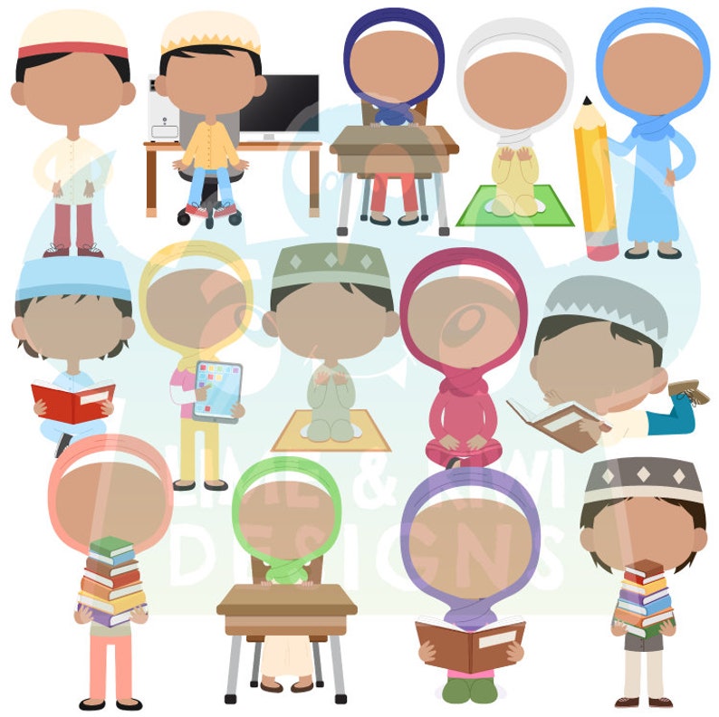 May include: A set of 12 colorful cartoon illustrations of children wearing traditional Islamic clothing. The children are engaged in various activities, such as reading, studying, praying, and playing. The illustrations are perfect for use in educational materials, children's books, or for creating Islamic-themed crafts.