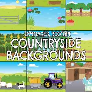 Countryside Backgrounds Clipart, Black and White, Digital Stamps, Farm, Horse, Dog, Gate, Pond, Stables, Corn, Maize, Field, Orchard, Apple