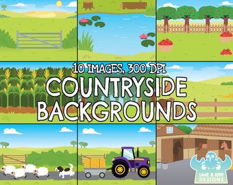 Countryside Backgrounds Clipart, Black and White, Digital Stamps, Farm, Horse, Dog, Gate, Pond, Stables, Corn, Maize, Field, Orchard, Apple