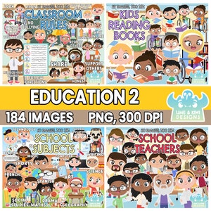 Education Clipart Bundle 2, Black and White, Digital Stamps, School, Classroom, Kids, Children, Rules, Books, Subjects, Desk, Back to School