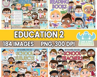 Education Clipart Bundle 2, Black and White, Digital Stamps, School, Classroom, Kids, Children, Rules, Books, Subjects, Desk, Back to School