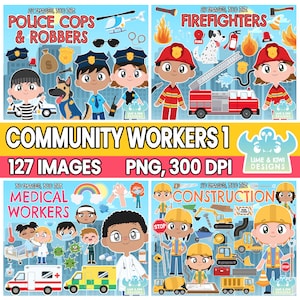Community Workers Clipart Bundle 1, Black and White, Digital Stamps, Police, Cops and Robbers, Medical Works, Fire Fighters, Construction