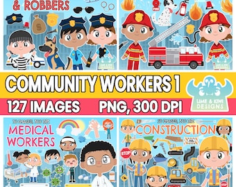Community Workers Clipart Bundle 1, Police, Cops and Robbers, Medical Works, Fire Fighters, Construction Workers Criminal Helicopter Vehicle