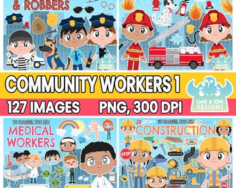Community Workers Clipart Bundle 1, Black and White, Digital Stamps, Police, Cops and Robbers, Medical Works, Fire Fighters, Construction