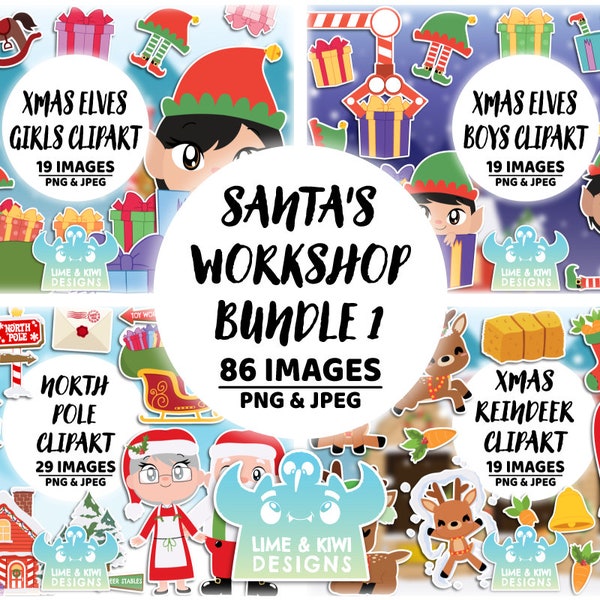 Santa's Workshop Clipart Bundle 1, Santa Claus, Mrs. Claus, Reindeer, Elf, Elves, North Pole, Stables, Christmas Presents, Toy Factory, Snow