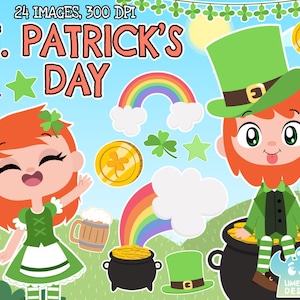 Może przedstawiać: Zestaw 24 cyfrowych ilustracji na Dzień Świętego Patryka. Ilustracje przedstawiają leprechauna i dziewczynkę w zielonych sukienkach, a także inne symbole Dnia Świętego Patryka, takie jak koniczyny, tęcze i złote monety.