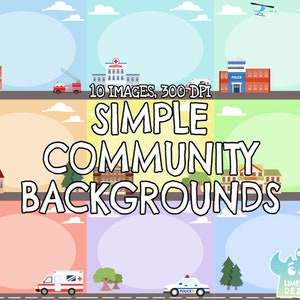 Simple Community Backgrounds Clipart,Instant Download Art, Commercial Use Clip Art, Road, Police station, Fire station, Church, Tree