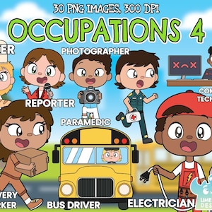 May include: A set of 30 digital illustrations of children in various occupations. The illustrations are colourful and cartoon-like. The occupations include baker, photographer, reporter, paramedic, computer technician, delivery worker, bus driver, and electrician. The illustrations are perfect for use in educational materials, children's books, or websites.