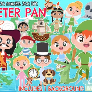 Peter Pan Clipart, Black and White, Digital Stamps, Fantasy, Captain Hook, Smee, Lost Boys, Neverland, Tinker Bell, Tiger Wendy Pirate ship