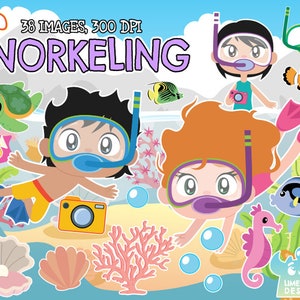 Snorkeling Clipart, Black and White, Digital Stamps, Sea, Ocean, Tropical Fish, Coral Reef, Swimming, Seahorse, Pearl, Clam Clownfish Turtle