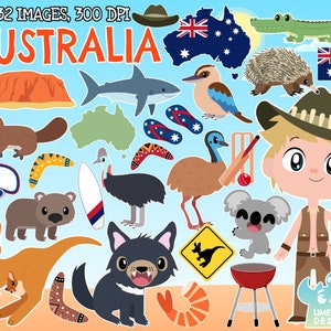Australia Clipart, Black and White, Digital Stamps, Commercial Clip Art, Aussie, Marsupial, Australian flag, Cassowary, Platypus, Echidna