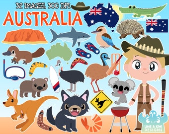 Australia Clipart, Black and White, Digital Stamps, Commercial Clip Art, Aussie, Marsupial, Australian flag, Cassowary, Platypus, Echidna