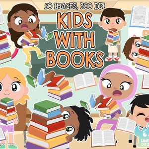 K&ouml;nnte beinhalten: Illustration von Kindern unterschiedlicher Ethnien und Geschlechter, die B&uuml;cherstapel halten. Das Bild enth&auml;lt den Text "Kids with Books" und "50 Images, 300 DPI".