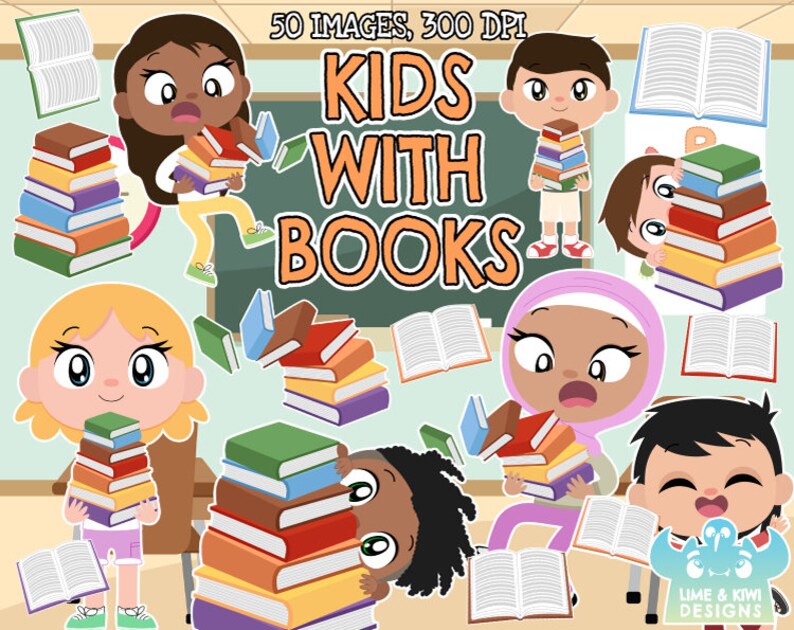K&ouml;nnte beinhalten: Illustration von Kindern unterschiedlicher Ethnien und Geschlechter, die B&uuml;cherstapel halten. Das Bild enth&auml;lt den Text "Kids with Books" und "50 Images, 300 DPI".