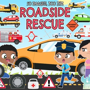 May include: A digital illustration titled "Roadside Rescue" featuring various emergency vehicles, including tow trucks, a fire truck, and an ambulance. The image also includes a police car, road signs, and cartoon characters. The text "Roadside Rescue" is prominently displayed.