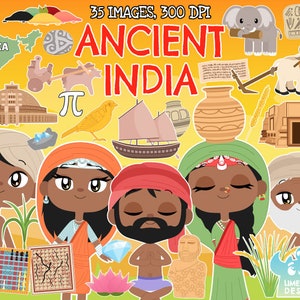 May include: A set of 35 digital illustrations depicting ancient India. The illustrations include people, animals, objects, and symbols. The illustrations are in a cartoon style and are colorful. The text "35 IMAGES, 300 DPI" and "ANCIENT INDIA" is included in the image.