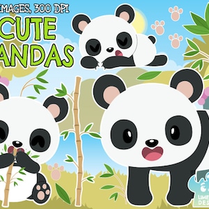 Lindo Pandas Clipart, Blanco y Negro, Sellos Digitales, Panda Gigante, Chino, China, Panda Bebé, Tallo de Bambú, Banda Durmiente, Panda Comiendo