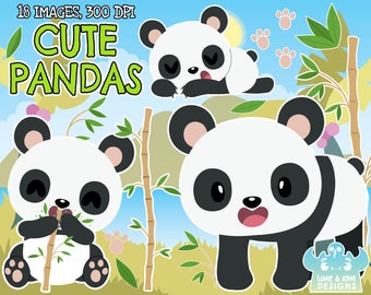 Cute Pandas Clipart, Black and White, Digital Stamps, Giant Panda, Chinese, China, Baby panda, Bamboo stem, Sleeping Banda, Eating Panda