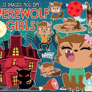 Werewolf Girls Clipart, Black and White, Digital Stamps, Full moon, Halloween, Haunted House, Teen werewolf, Claws, Halloween Costume, Kids