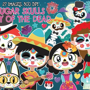 Sugar Skulls Day of the Dead Clipart, Black and White, Digital Stamps, Dia de los Muertos, Mexican Party, Cinco De Mayo, Cat, Skeleton